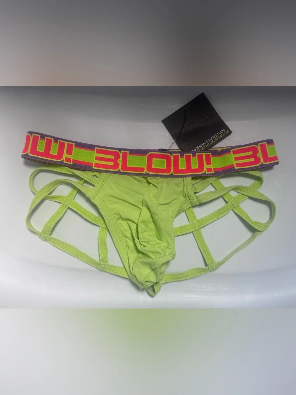 Andrew Christian… Neon Lime Cage Briefs with Bold Logo Waistband